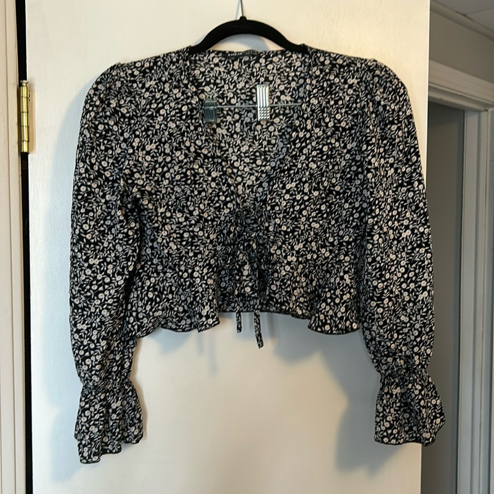 Floral Long Sleeve Top with Ties In Front
